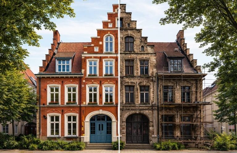 Denkmalpflege und Erhalt historischer Bausubstanz Historisches Gebäude mit restaurierter Backsteinfassade im Bereich Denkmalpflege und Altbausanierung